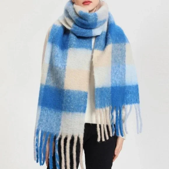 BLUE plaid fringe trim scarf fall fun contemporary multicolor - Picture 1 of 3